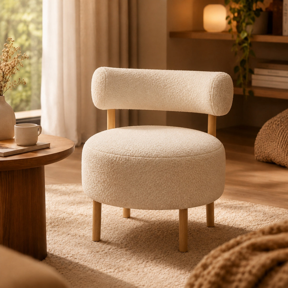 Fauteuil Céleste en bouclette crème dans un coin lecture