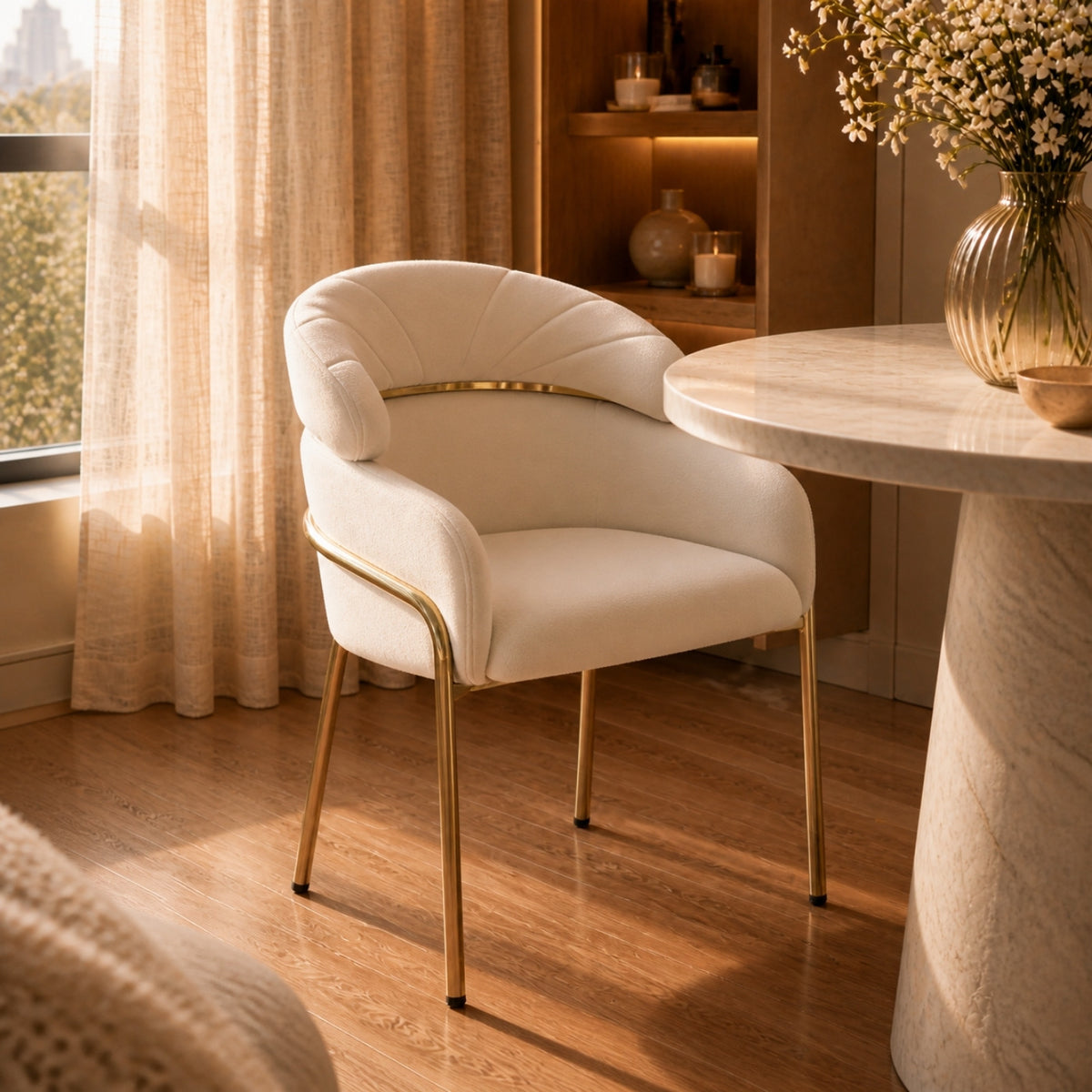 Fauteuil Aube près d'une table en marbre