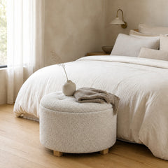 Pouf Flocon – bouclette blanc, coffre de rangement