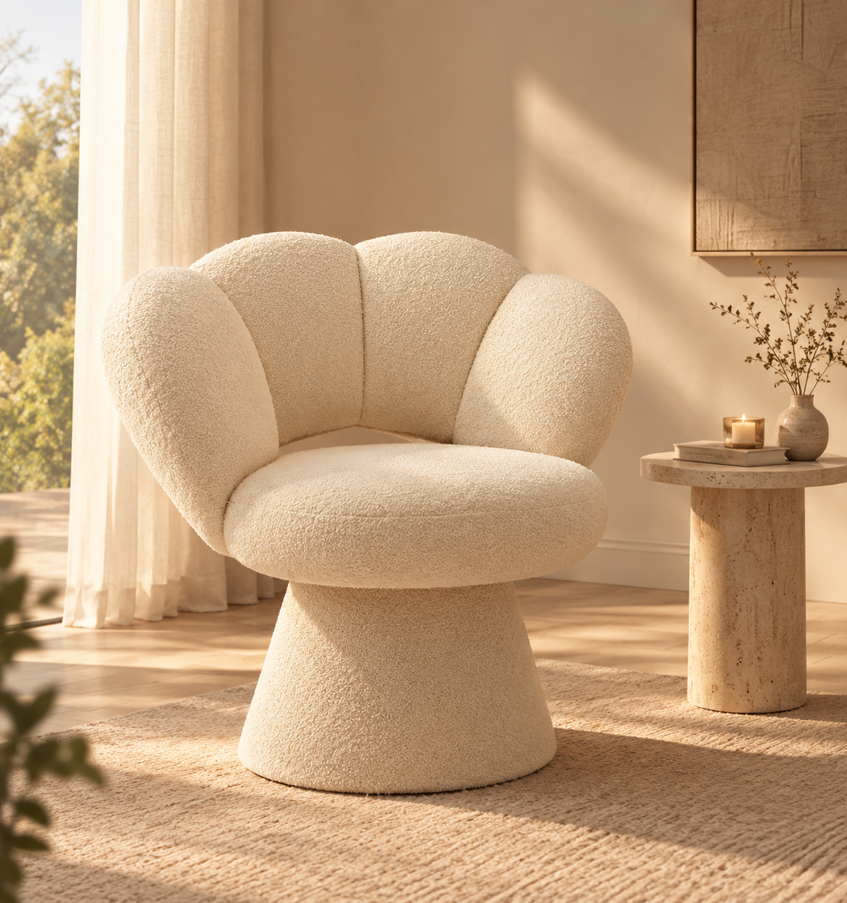 Fauteuil Pétale crème dans un salon ensoleillé