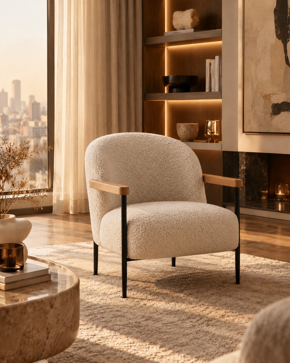 Fauteuil Nuage en bouclette crème dans un salon chaleureux