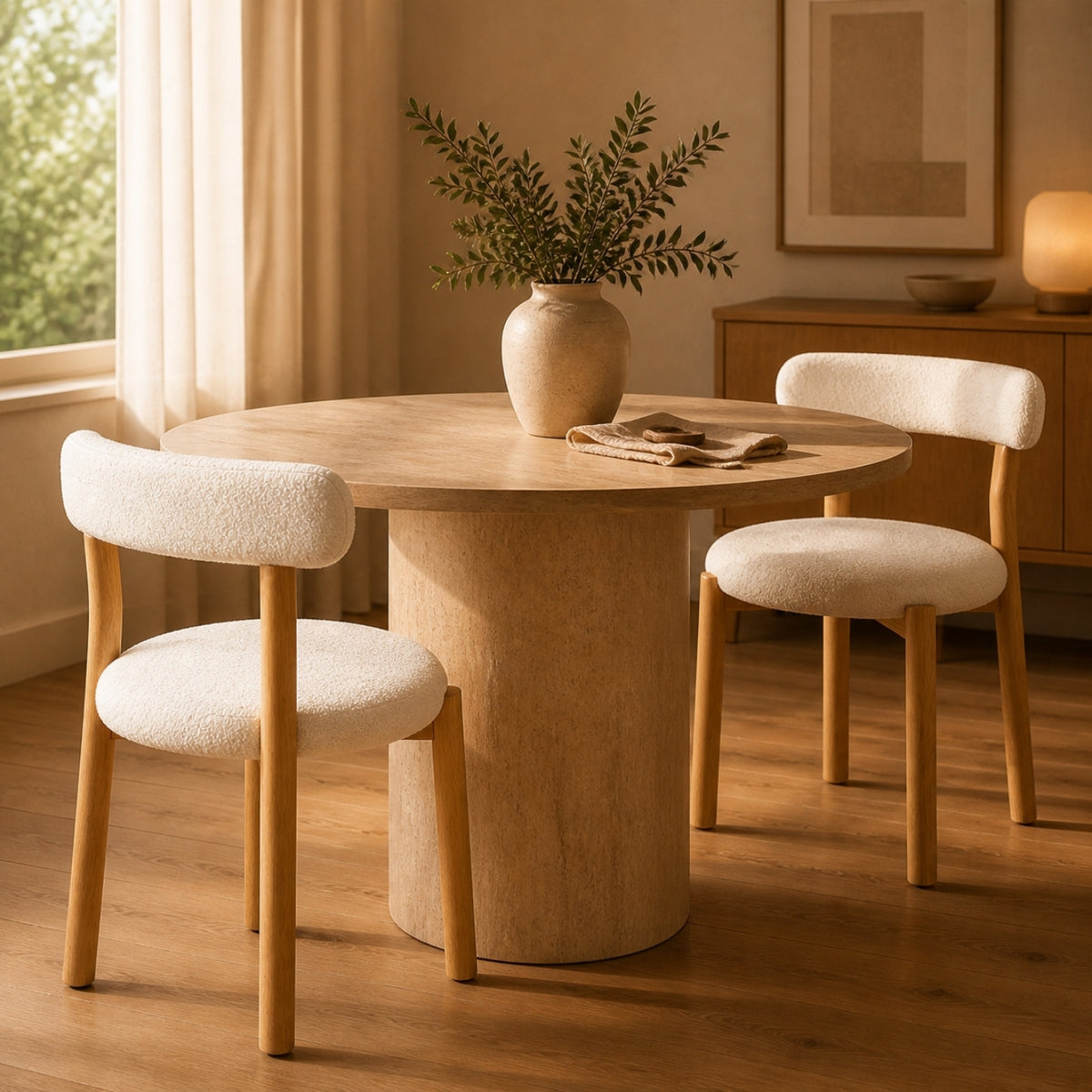 Chaises Lin autour d'une table en travertin