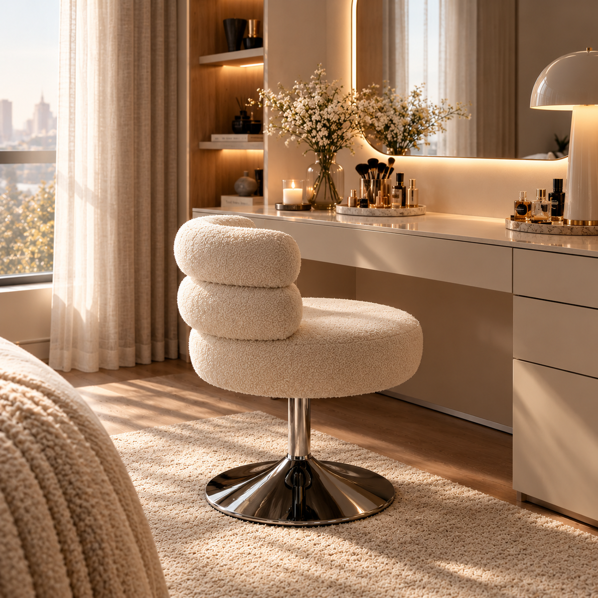 Chaise de coiffeuse Perle devant une coiffeuse