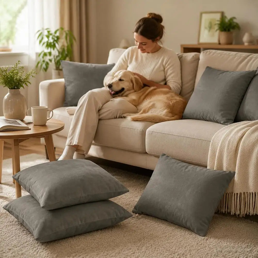 Coussins Velours gris perle dans un salon