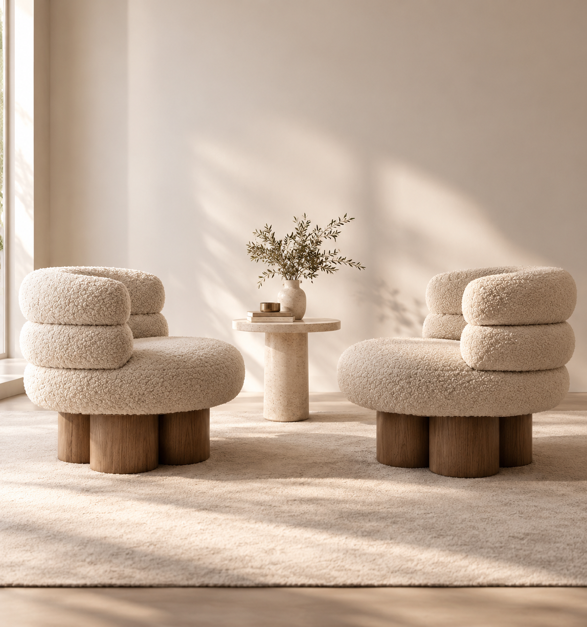 Fauteuil Nuage bouclette crème près d'une table sculpturale