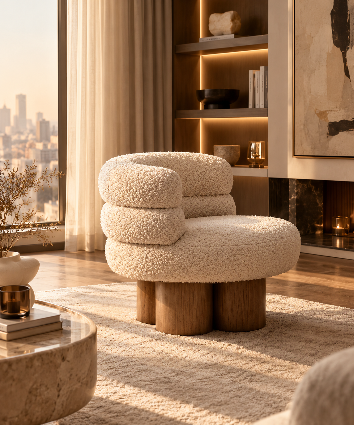 Fauteuil Nuage en bouclette crème dans un salon cosy