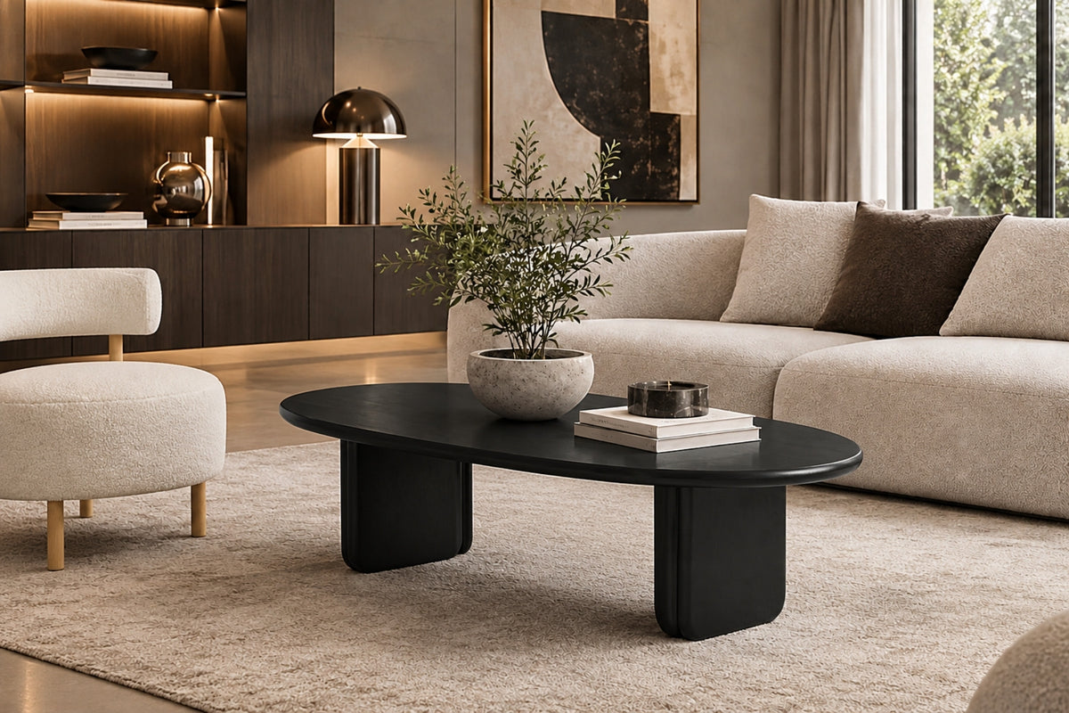 Salon avec table basse Ovalia et fauteuil Céleste